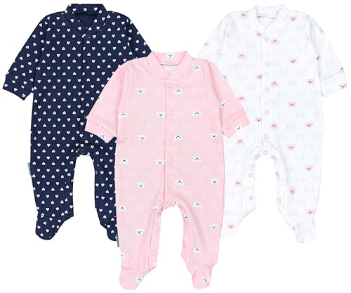 TupTam Baby Mädchen Schlafstrampler mit Fuß 3er Pack, Farbe: Herzen Dunkelblau/Bärchen Rosa Weiß, Größe: 74 von TupTam