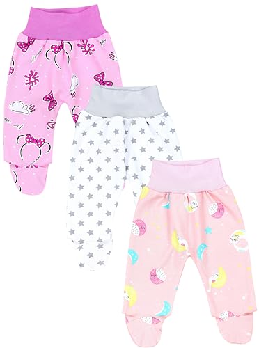 TupTam Baby Mädchen Strampelhose Hose mit Fuß 3er Pack, Farbe: Mond/Puderrosa/Schleifen/Rosa/Sterne/Grau, Größe: 74 von TupTam