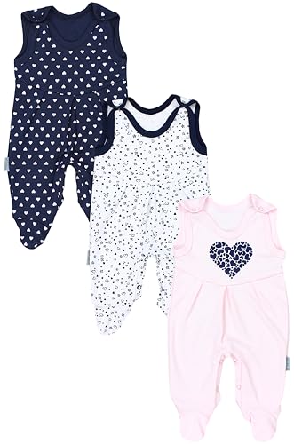 TupTam Baby Mädchen Strampler mit Fuß 3er Pack, Farbe: Herz Rosa Herzchen Dunkelblau Blümchen Weiß, Größe: 56 von TupTam