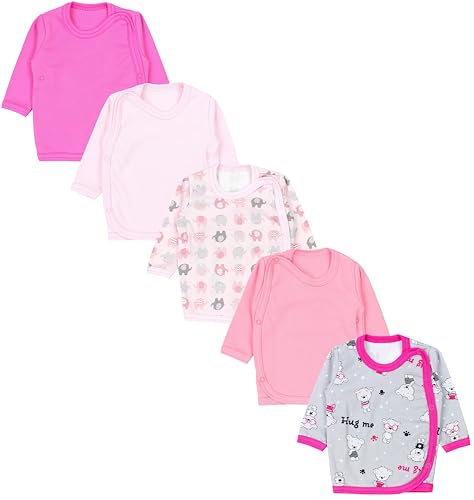 TupTam Baby Mädchen Wickelshirt Langarmshirt 5er Set, Farbe: Elefanten Bärchen Rosa Apricot Pink, Größe: 62 von TupTam