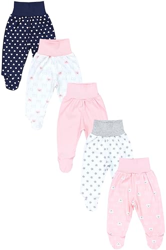 TupTam Baby Unisex Hose mit Fuß Bunte 5er Pack, Farbe: Bärchen Rosa Weiß Herzen Dunkelblau Sterne Grau Apricot, Größe: 50 von TupTam