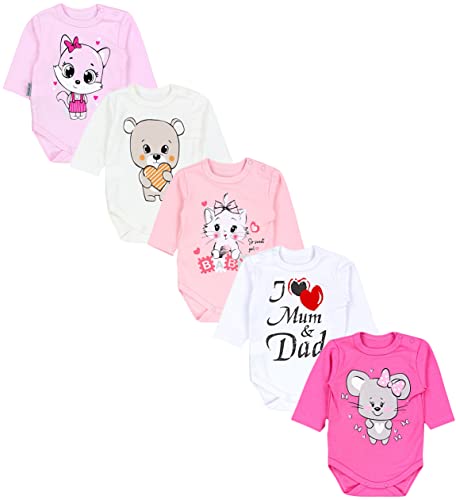 TupTam Baby Unisex Langarm Body mit Aufdruck Spruch 5er Pack, Farbe: I love Mum Dad Weiß Katze Maus Rosa Bär Ecru, Größe: 80 von TupTam