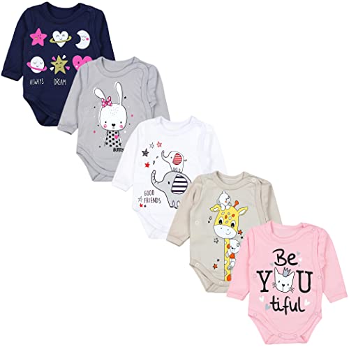 TupTam Baby Unisex Langarm Wickelbody Print/Uni 5er Pack, Farbe: Elefant Kaninchen Giraffe Grau Weiß Apricot, Größe: 50 von TupTam