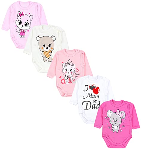 TupTam Baby Unisex Langarm Wickelbody Print/Uni 5er Pack, Farbe: I love Mum Dad Weiß Katze Maus Rosa Bär Ecru, Größe: 50 von TupTam