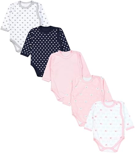 TupTam Baby Unisex Langarm Wickelbody im 5er Set, Farbe: Bärchen Rosa Weiß Herzen Dunkelblau Sterne Grau Apricot, Größe: 56 von TupTam