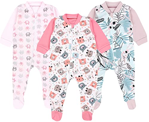 TupTam Baby Unisex Schlafstrampler Mädchen Schlafanzug mit Fuß Jungen Spieler 3er Pack, Farbe: Bärchen/Elefanten/Rosa/Koralle, Größe: 74 von TupTam