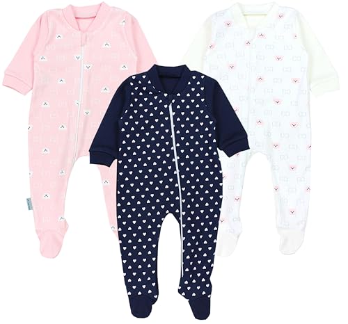 TupTam Baby Unisex Schlafstrampler Mädchen Schlafanzug mit Fuß Jungen Spieler 3er Pack, Farbe: Herzen Dunkelblau/Bärchen Rosa Weiß, Größe: 62 von TupTam