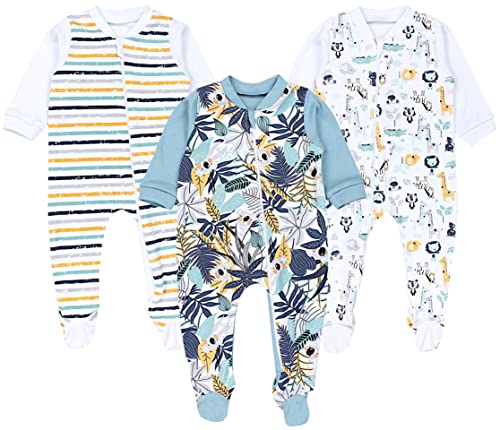 TupTam Baby Unisex Schlafstrampler Mädchen Schlafanzug mit Fuß Jungen Spieler 3er Pack, Farbe: Koala Safari Streifen Mintgrün Orange Blau, Größe: 56 von TupTam