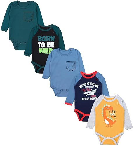 TupTam Jungen Baby Body Langarm Unifarben 5er Pack, Farbe: Flugzeug Dunkelblau WILD Schwarz Dino Senfgelb Jeansblau Petrolgrün, Größe: 104 von TupTam