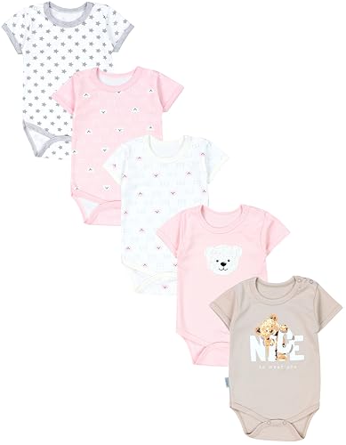 TupTam Mädchen Baby Body Kurzarm in Unifarben - 5er Pack, Farbe: Bärchen Rosa Weiß Sterne Grau Nice Teddy Beige, Größe: 80 von TupTam