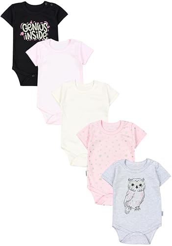 TupTam Mädchen Baby Body Kurzarm in Unifarben - 5er Pack, Farbe: Genius Schwarz Eule Grau Meliert Herzen Apricot Rosa Ecru, Größe: 104 von TupTam