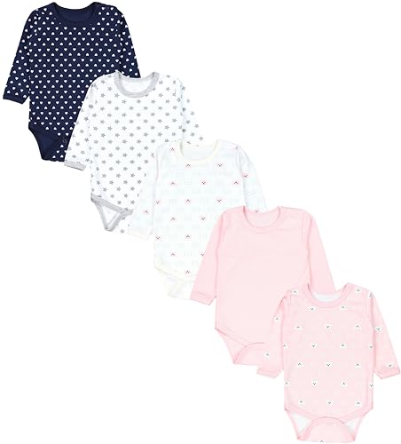 TupTam Mädchen Baby Body Langarm Unifarben 5er Pack, Farbe: Bärchen Rosa Weiß Herzen Dunkelblau Sterne Grau Apricot, Größe: 104 von TupTam