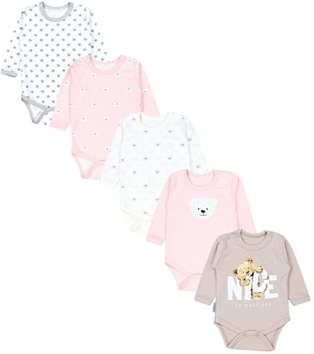 TupTam Mädchen Baby Body Langarm Unifarben 5er Pack, Farbe: Bärchen Rosa Weiß Sterne Grau Nice Teddy Beige, Größe: 74 von TupTam