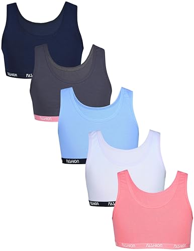 TupTam Mädchen Bustier mit Breiten Trägern 5er Pack, Farbe: Fashion Dunkelblau Dunkelgrau Blau Apricot Lila, Größe: 146-152 von TupTam