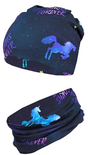 TupTam Mädchen Kinder Beanie Mütze Schlauchschal 2er Set Herbst Winter gefütterte Mütze Übergangsmütze mit Loop, Farbe: Jersey zweilagig - Einhorn Lila Dunkelblau, Hat Size: 50 von TupTam