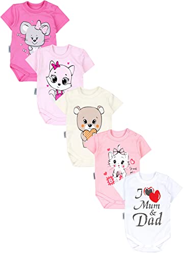 TupTam Unisex Baby Kurzarm Body mit Aufdruck Spruch 5er Pack, Farbe: I love Mum Dad Weiß Katze Maus Rosa Bär Ecru, Größe: 80 von TupTam