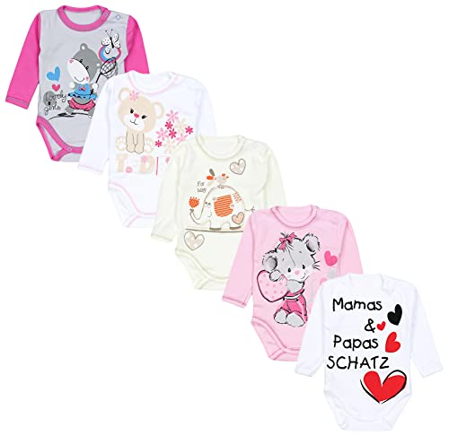 TupTam Unisex Baby Langarm-Body mit Aufdruck 5er Set, Farbe: Mamas Papas Schatz Weiß Elefant Ecru Teddy Maus Rosa, Größe: 74 von TupTam