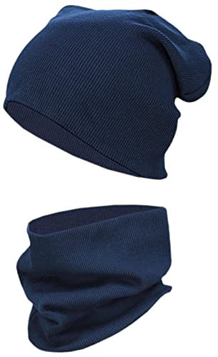 TupTam Kinder Mütze/Beanie und Schlauch Schal Set aus Jersey und Rippstoff, Farbe: Rippstoff Dunkelblau, Größe: 44-52 von TupTam