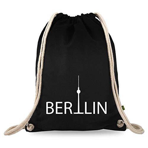 Turnbeutelliebe® Turnbeutel mit Motiv - Berlin Fernsehturm - Baumwolle schwarz - Sportbeutel - Rucksack - Stoffbeutel - ca. 12 Liter - 37 x 46 cm von Turnbeutelliebe