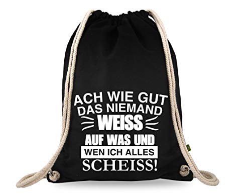 Turnbeutelliebe® Turnbeutel mit Spruch - Ach wie gut dass niemand weiss - Baumwolle schwarz - Sportbeutel - Rucksack - ca. 12 Liter - 37 x 46 cm von Turnbeutelliebe