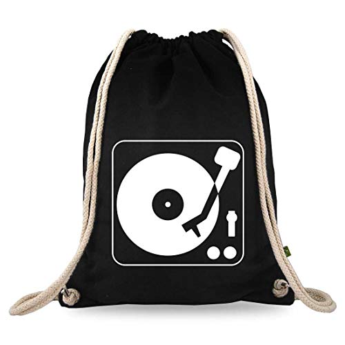 Turnbeutelliebe® Turnbeutel mit Spruch - Techno-Musik - verschiedene Motive - Baumwolle schwarz - Sportbeutel - Rucksack - ca. 12 Liter - 37 x 46 cm (Turntable) von Turnbeutelliebe