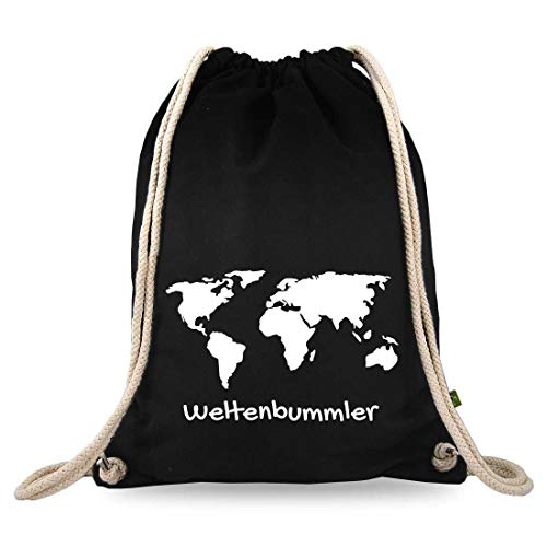 Turnbeutelliebe® Turnbeutel mit Spruch - Weltentdecker - Verschiedene Motive - Baumwolle schwarz - Sportbeutel - Rucksack - ca. 12 Liter - 37 x 46 cm (Weltkarte Weltenbummler) von Turnbeutelliebe