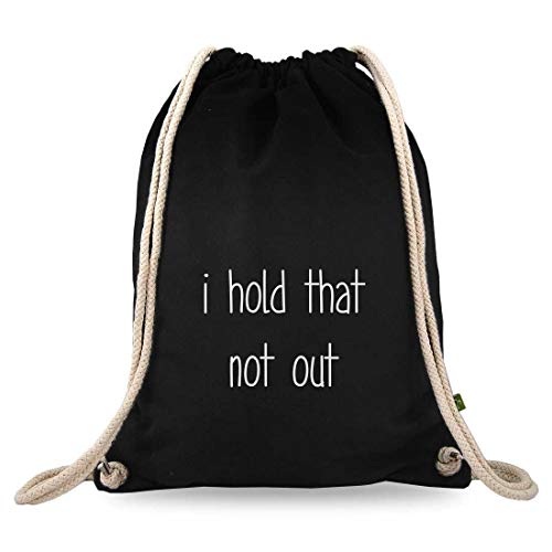 Turnbeutelliebe® Turnbeutel mit Spruch - lustige Denglisch Sprüche - bedruckt - Baumwolle schwarz - Sportbeutel - Rucksack - ca. 12 Liter - 37 x 46 cm (i hold That not Out) von Turnbeutelliebe