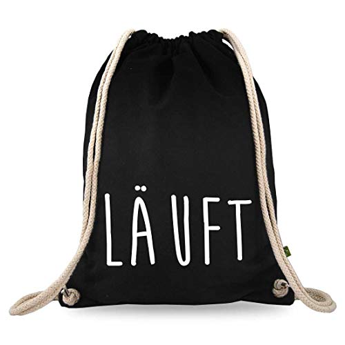 Turnbeutelliebe® Turnbeutel mit Spruch - lustige Motive & Sprüche - bedruckt - Baumwolle schwarz - Sportbeutel - Rucksack - ca. 12 Liter - 37 x 46 cm (Läuft) von Turnbeutelliebe