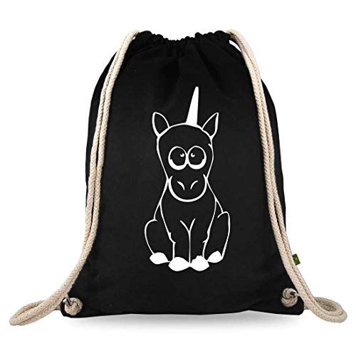 Turnbeutelliebe® Turnbeutel mit Spruch - lustige Motive & Sprüche - bedruckt - Baumwolle schwarz - Sportbeutel - Rucksack - ca. 12 Liter - 37 x 46 cm (Einhorn) von Turnbeutelliebe