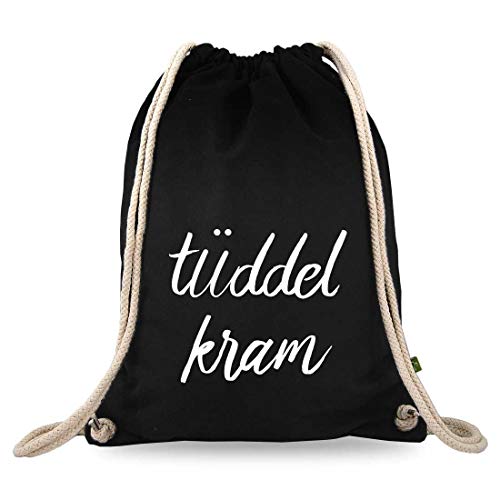 Turnbeutelliebe® Turnbeutel mit Spruch - tüddelkram - Baumwolle schwarz - Sportbeutel - Rucksack - Stoffbeutel - Gym Bag - ca. 12 Liter - 37 x 46 cm von Turnbeutelliebe