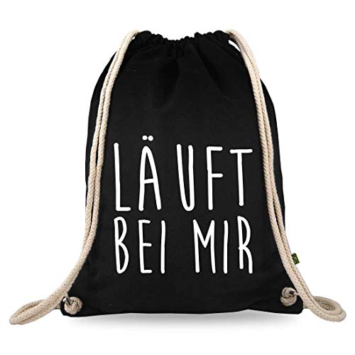 Turnbeutelliebe® Turnbeutel mit Spruch - verschiedene Designs - bedruckt - Baumwolle schwarz - Sportbeutel - Rucksack - ca. 12 Liter - 37 x 46 cm (läuft bei Mir) von Turnbeutelliebe