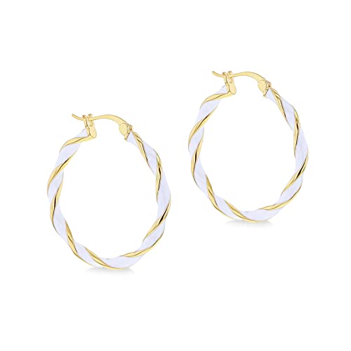 Tuscany Silver Women's Sterling Silver Yellow Gold Plated 31mm White Enamel Large Twister Hoop Creole Earrings von Tuscany Silver