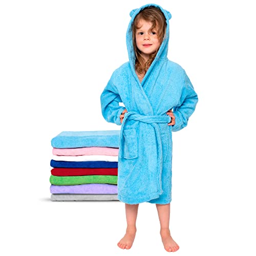 Twinzen - Kinderbademantel Mädchen oder Junge - 100% Baumwolle Ohne Chemikalien Oeko-TEX® - 2 Taschen, Gürtel, Kapuze mit Ohren - 7-8 Jahre, Pastellblau, Size4 von Twinzen