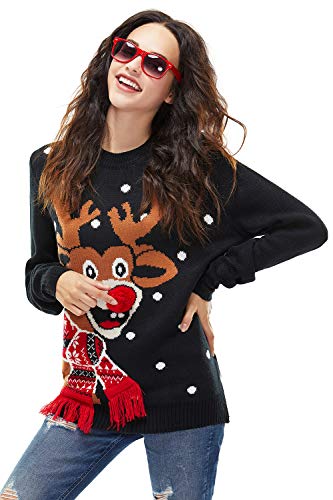 Damen Weihnachtspullover Lustig Unisex Hässliche Pulli Strickpullover Ugly Weihnachtspulli mit weihnachtlichen Motiven für Damen Herren Weihnachtsparty, L, Rote Nase Pom Pom-schwarz von U LOOK UGLY TODAY