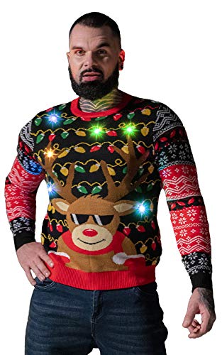 U LOOK UGLY TODAY Herren-Weihnachtspullover Lustiger Pullover Ugly Xmas Strickpullover mit LED-Licht-Motiven für Weihnachtsfeier,Rudy Lit Up,S von U LOOK UGLY TODAY