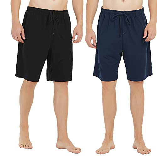 U2SKIIN 2 x Herren Baumwolle Schlafhose Herren kurz, leichte Pyjamahose Shorts mit Taschen (Schwarz+Marineblau, XL) von U2SKIIN