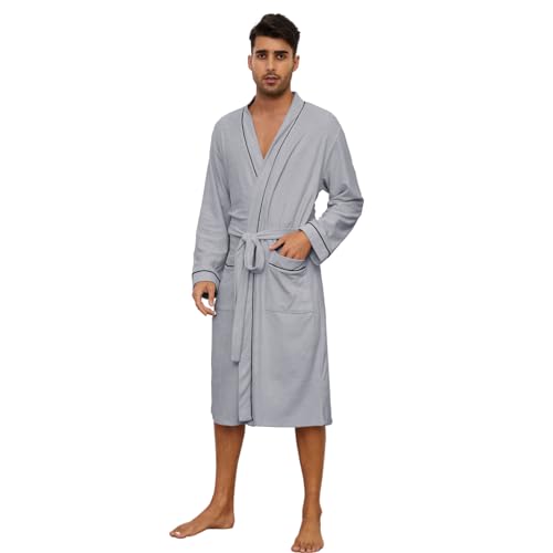 U2SKIIN Herren Bademantel Frottee 100% Baumwolle Sauna Bademantel weicher langer Bademäntel für Herren Kimono Morgenmantel Männer Nachtwäsche (Hellgrau, S/M) von U2SKIIN