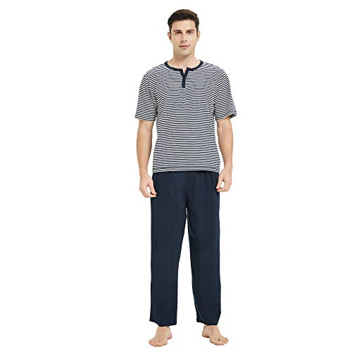 U2SKIIN Herren Baumwolle Schlafanzug, Pyjama Set Knopfleiste leichte Pyjamas mit Taschen Hausanzug gestreift Loungewear Kurzarm Lange Hose (Dunkelblau, L) von U2SKIIN