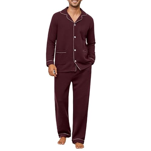 U2SKIIN Herren Schlafanzug Pyjama Schlafanzüge für Herren weich warm Pyjama Set Loungewear Nachtwäsche Langarm Button Down Pjs (Weinrot, XL) von U2SKIIN