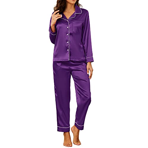 U2SKIIN Satin Pyjama Damen lang, Seiden Schlafanzug Damen Langarm Pyjama Set mit Knopfleiste Nachtwäsche Hausanzug Loungewear (Dunkelpurpurn, S) von U2SKIIN