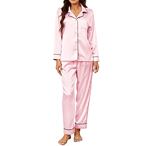 U2SKIIN Satin Pyjama Damen lang, Seiden Schlafanzug Damen Langarm Pyjama Set mit Knopfleiste Nachtwäsche Hausanzug Loungewear (Rosa, S) von U2SKIIN