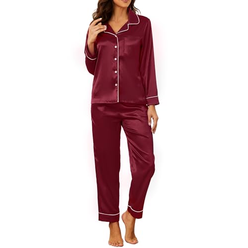 U2SKIIN Satin Pyjama Damen lang, Seiden Schlafanzug Damen Langarm Pyjama Set mit Knopfleiste Nachtwäsche Hausanzug Loungewear (Weinrot, M) von U2SKIIN