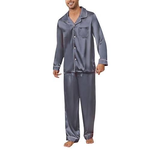 U2SKIIN Satin Pyjama Herren lang, Seiden Schlafanzug Herren Langarm Pyjama Set mit Knopfleiste Nachtwäsche Hausanzug Loungewear (Dunkelgrau, XL) von U2SKIIN