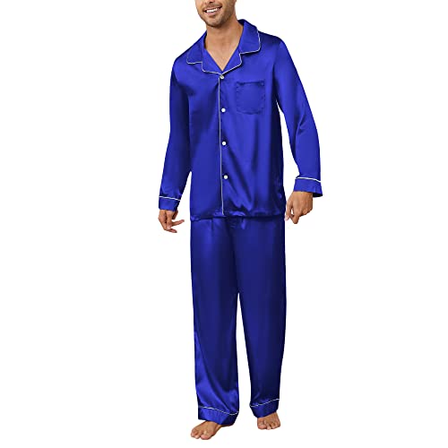 U2SKIIN Satin Pyjama Herren lang, Seiden Schlafanzug Herren Langarm Pyjama Set mit Knopfleiste Nachtwäsche Hausanzug Loungewear (Königsblau, XXL) von U2SKIIN