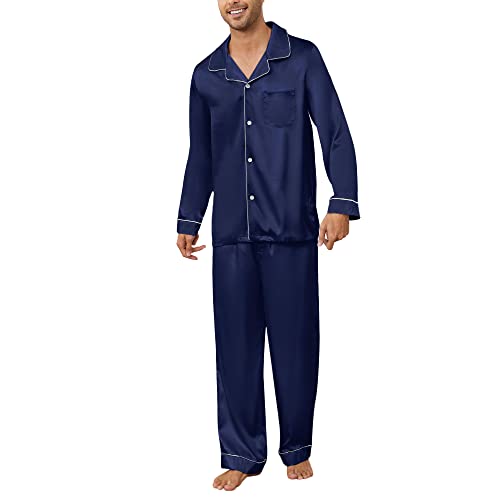 U2SKIIN Satin Pyjama Herren lang, Seiden Schlafanzug Herren Langarm Pyjama Set mit Knopfleiste Nachtwäsche Hausanzug Loungewear (Marineblau, S) von U2SKIIN