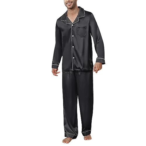 U2SKIIN Satin Pyjama Herren lang, Seiden Schlafanzug Herren Langarm Pyjama Set mit Knopfleiste Nachtwäsche Hausanzug Loungewear (Schwarz, XXL) von U2SKIIN