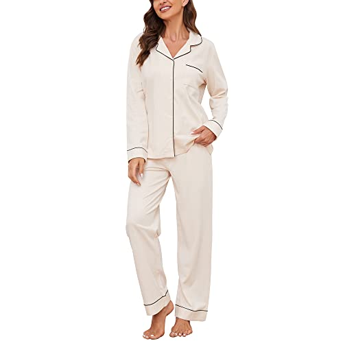 U2SKIIN Schlafanzug Damen lang 100% Baumwolle, Pyjama Damen weiche Pyjamas Set leichte Nachtwäsche Schlafanzüge für Damen Zweiteiler Pyjama Set Damen (Beige, M) von U2SKIIN