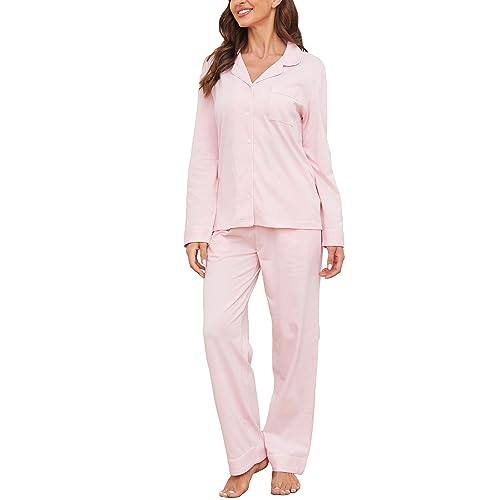 U2SKIIN Schlafanzug Damen lang 100% Baumwolle, Pyjama Damen weiche Pyjamas Set leichte Nachtwäsche Schlafanzüge für Damen Zweiteiler Pyjama Set Damen (Hellrosa, XL) von U2SKIIN