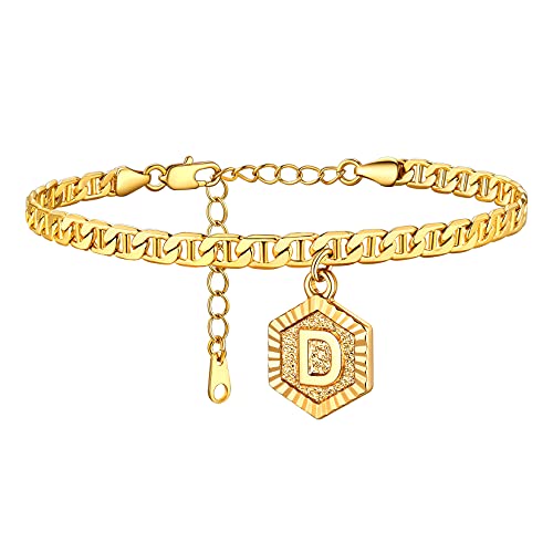 U7 Damen Buchstabe D Hexagon mit Figarokette 18k vergoldet 22+5cm 4,5mm Fußkette mit Initiale Anfangsbuchstabe Anhänger Modeschmuck Accessoire für Geburtstag Strandparty von U7