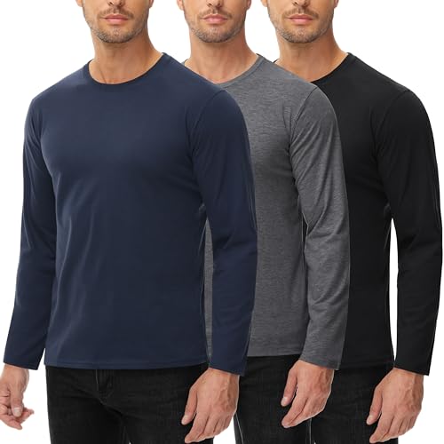 Langarmshirt Für Herren 100% Baumwolle 3 Pack T Shirt Rundhalsausschnitt Basic Maschenware Cotton Langarm Shirt Longsleeve Männer Schwarz Grau Blau 3XL von UEEKO